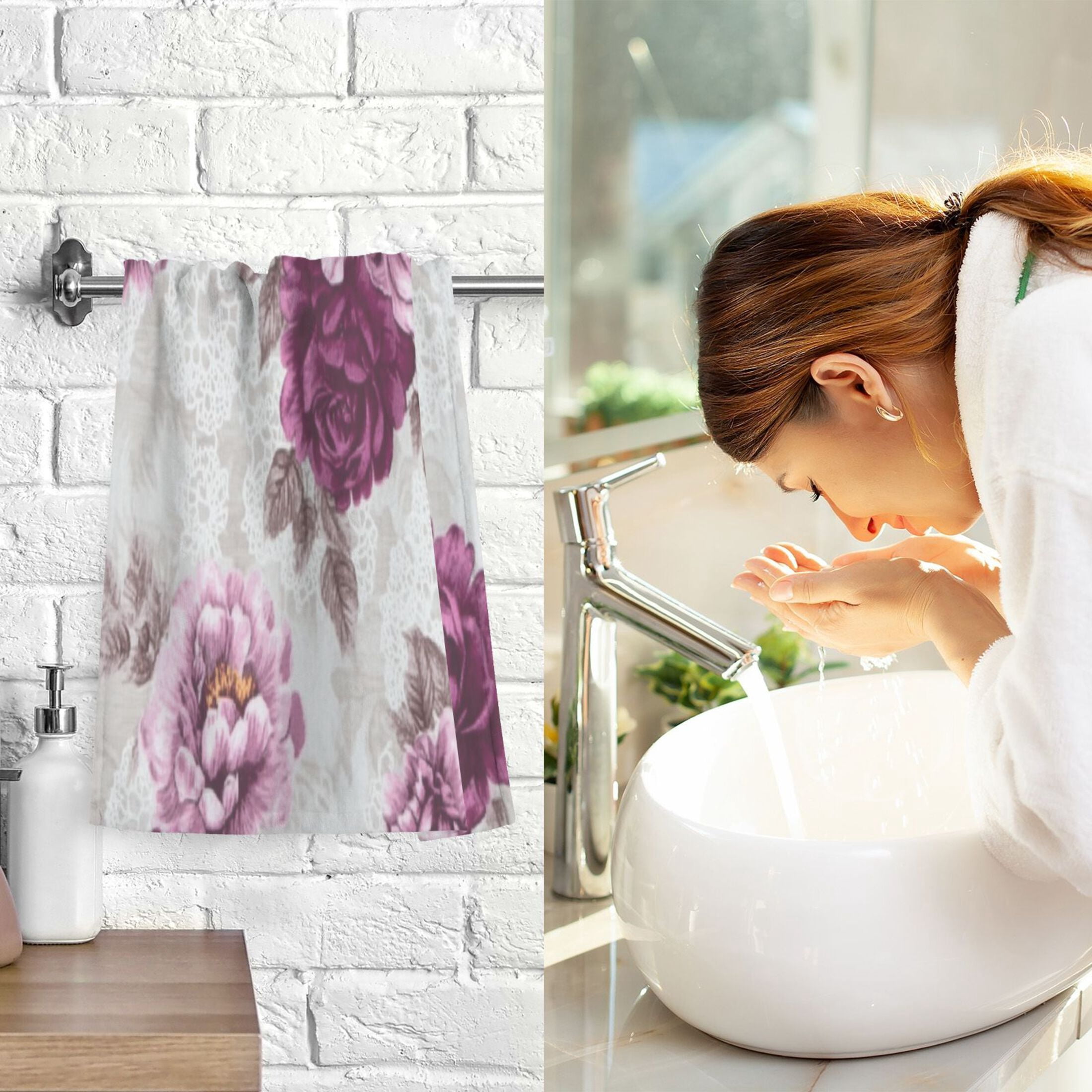 2 Pcs Absorbent Face Towel Bath Hand Towels Soft Breathable Cotton Towel Set for Bathroom Kitchen Hotel Spa Decor Magenta Roses