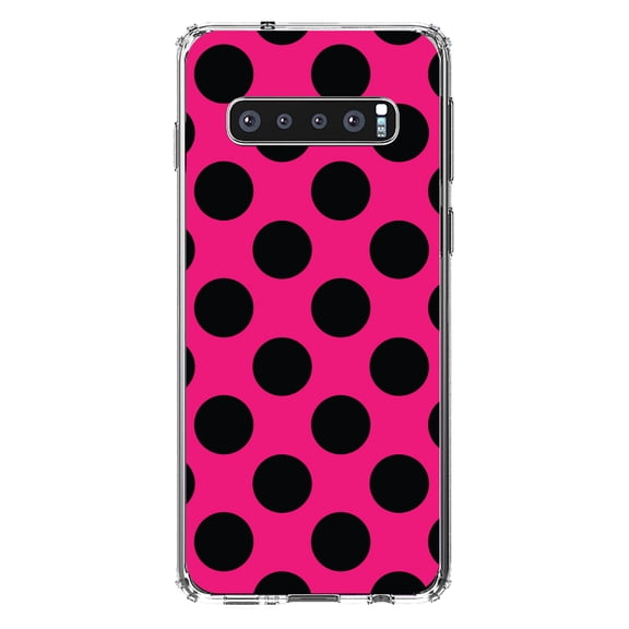 DistinctInk Clear Shockproof Hybrid Case for Samsung Galaxy S10  PLUS(6.4" Screen) - TPU Bumper, Acrylic Back, Tempered Glass Screen Protector - Black & Hot Pink Polka Dots