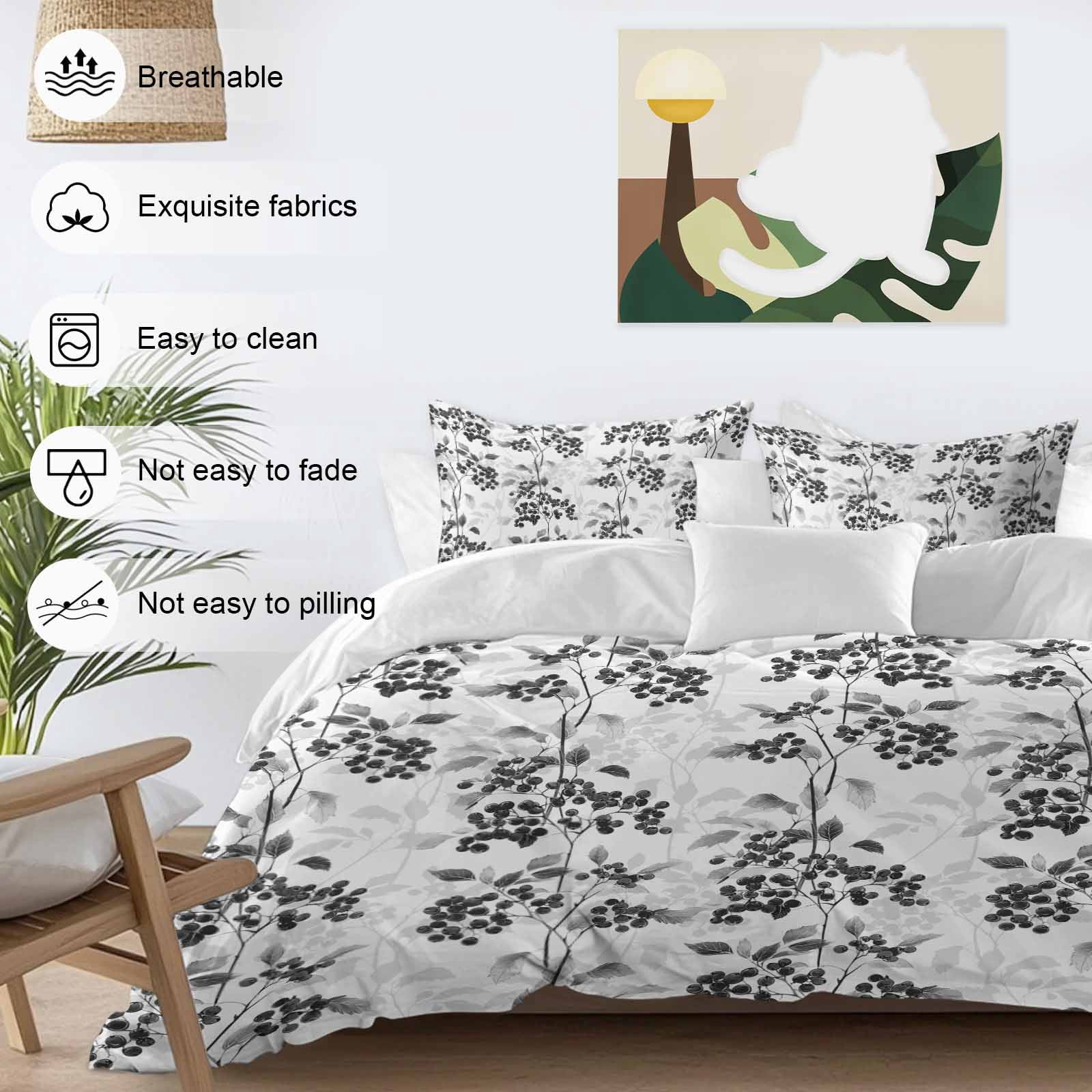 Black Gray Fruit Bedding 3 Piece Duvet Cover Set California King, Vintage Plant Nature Botanical Flower Soft Microfiber Comforter Cover with Zipper Closure & Pillowcases, FadeResistant Quilt Cover