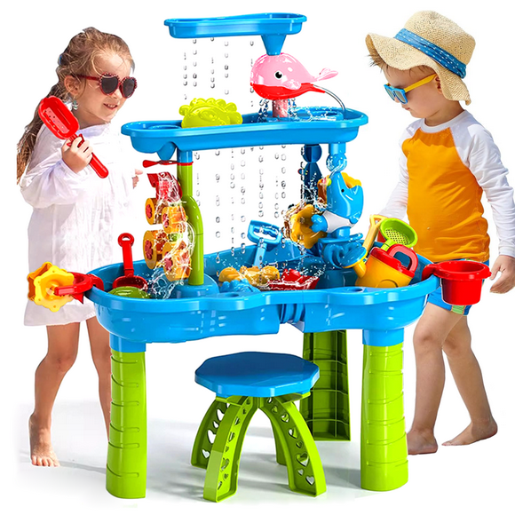 HLONK Sand Water Table Toy for 3 Year Old Toddlers 3 in 1 Kids Beach Summer Toys 40PCS Sand Table Water Play Table Kids Sensory Play Water Table for Boys Girls Outdoor Outside Activity