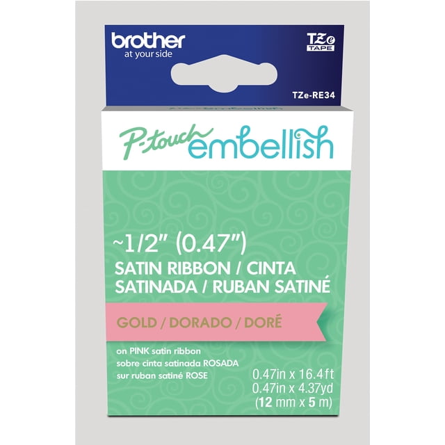 Ribbon Brother P-touch embellece TZERE34 con estampado dorado sobre rosa