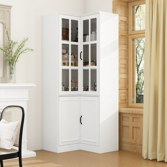 KULAGAGA Tall L-Shaped Corner Bookshelf with 5 Storage Shelves & 2 Glass Doors, Wooden Display Storage Cabinet for Home Office, Living Room, White