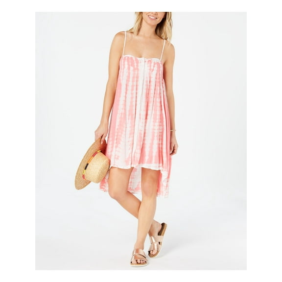 RAVIYA Women's Pink Tie Dye Button Up Hi-Low Hem Smocked Adjustable Swimsuit Cover Up L