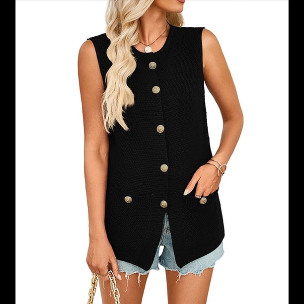 Suéter de Verano 2025 para Mujer, Chaleco de Punto Sin Mangas, Cárdigan con Botones, Camisetas Sin Mangas, Negro, Talla L