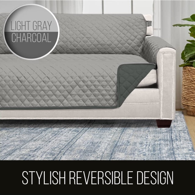 Sofa Shield Housse de Canapé avec Sangle Brevetée Protecteur de Coussin Réversible Résistant aux Taches et aux Déchirures Housse Matelassée en Microfibre 70 Places Lavable pour Chiens Animaux Enfants Gris Clair Charco