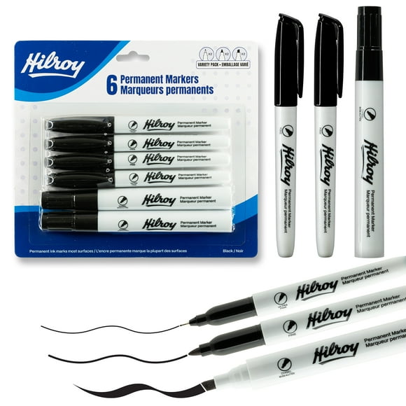 Hilroy Marqueurs permanents, emballage varié, marqueur permanent, faible odeur, noir, 2 fines, 2 biseautées, 2 ultrafines, paquet de 6