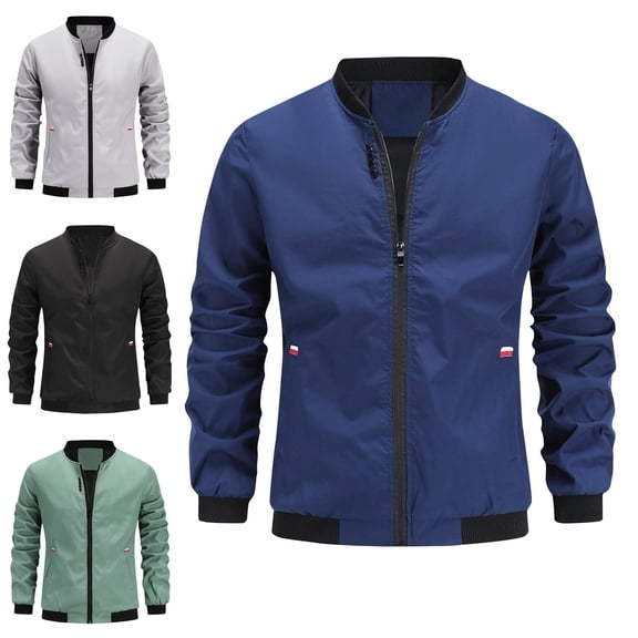 Zysthvn Winter Mens Fall Jackets Bomber Workwear Casual Lightweight Mens Outerwear Solid Full Zip Stand Collar with Pockets Long Sleeve