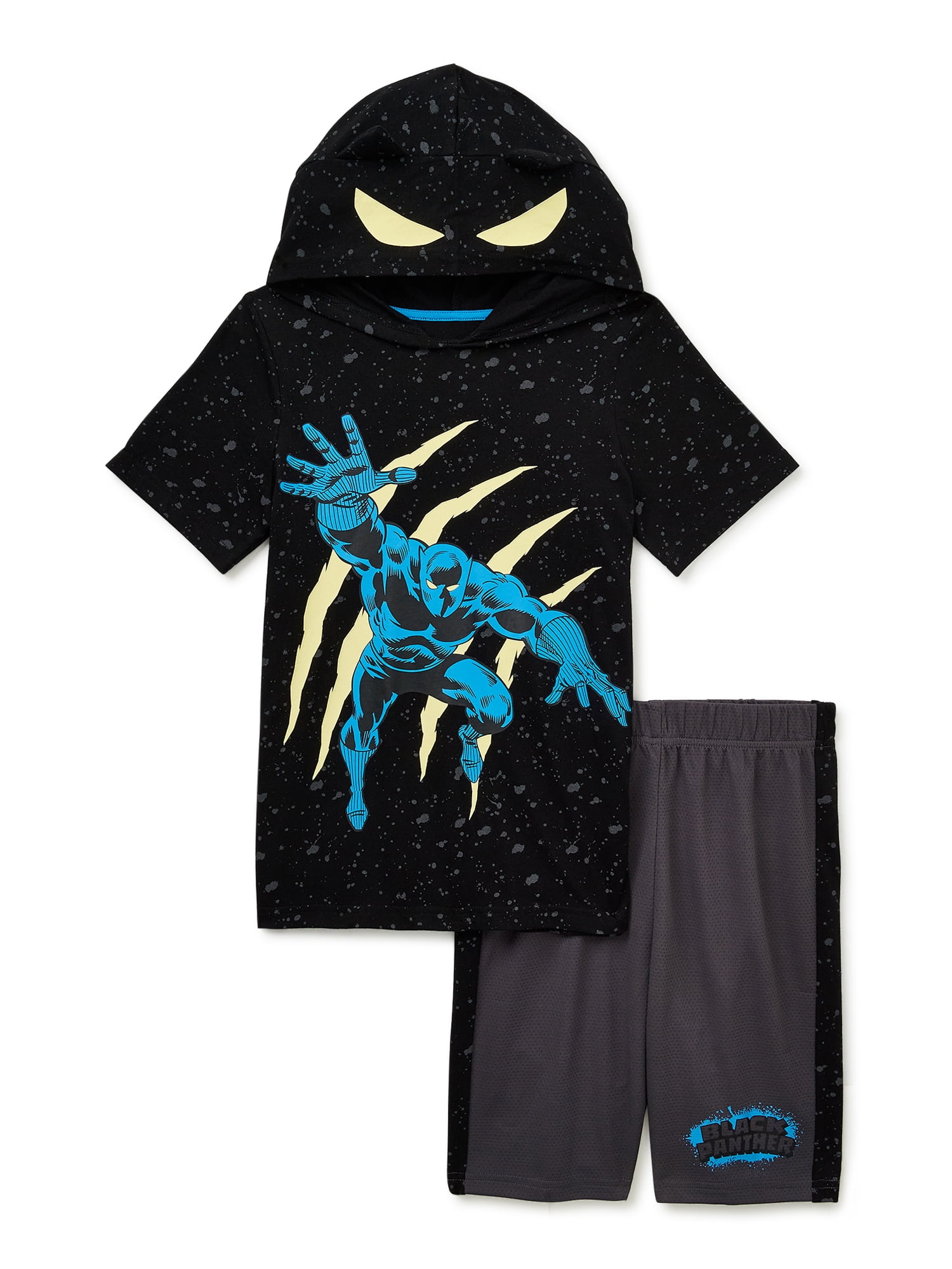 Black Panther Boys Cosplay Hooded Top & Shorts, 2-Piece Outfit Set, Sizes 4-10
