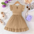 thumbnail image 3 of Toddler Girl Summer Dress Formal Ruffle Sleeve A Line Casual Cute Elegant Dresses with Belt Khaki 4-5 Years, 3 of 7