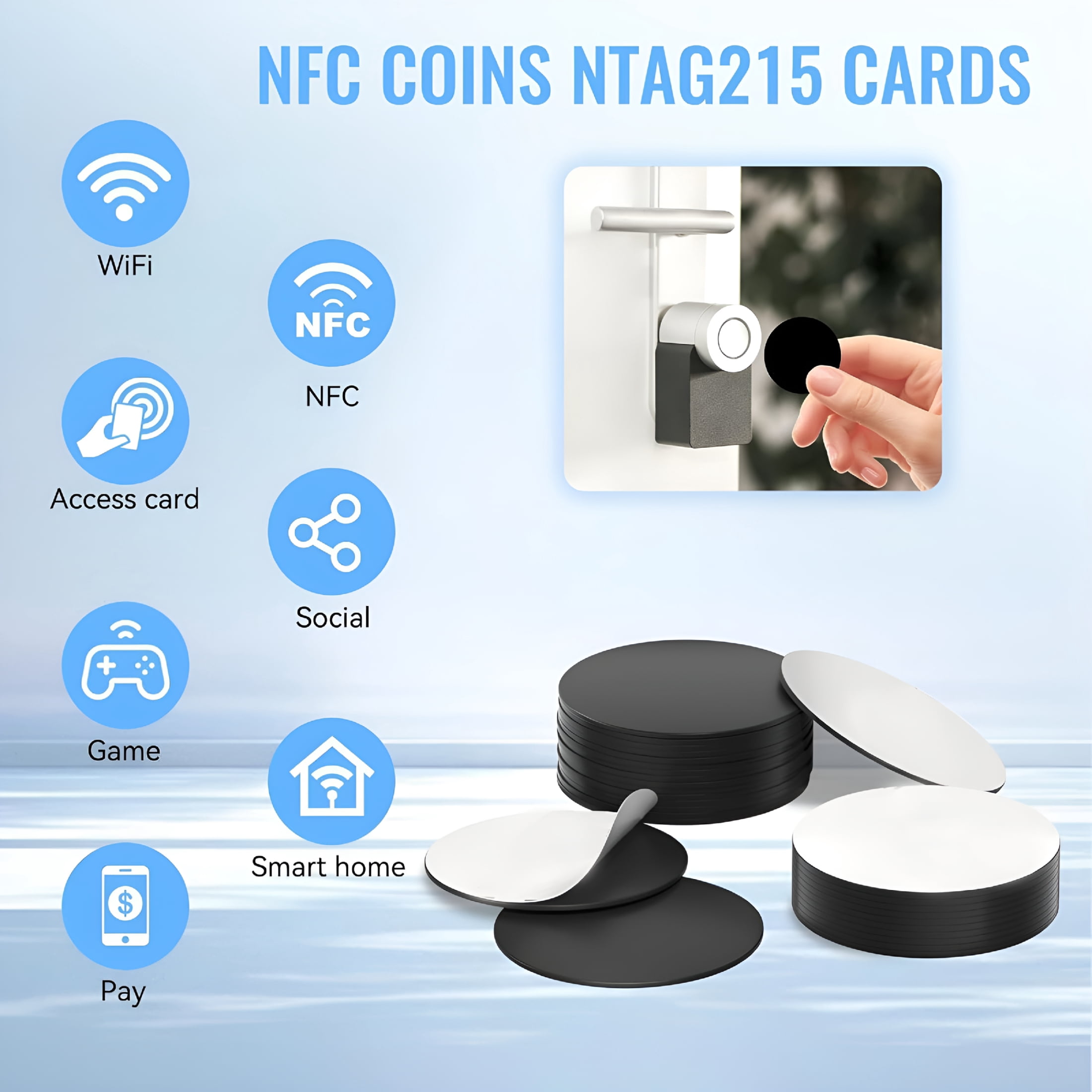 GJX NFC Tags NTAG215, NFC Coins, Black NFC Stickers Round 13.56MHz NFC Chip with Adhesive Back, Compatible with NFC Enabled Phones - Black NFC Coin (With Adhesive) 25mm - 100 Pcs