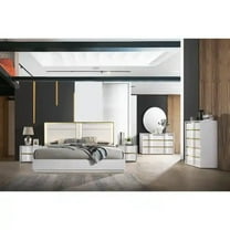 5PC California King Bedroom Set, White Lacquer Finish LED Bed, Nightstand, Dresser, Mirror and Chest