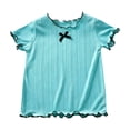 thumbnail image 2 of YunPes Tween Girls Ribbed Short Sleeve T Shirt Lettuce Trim Crew Neck Tees Tops Summer Cute Casual Bowknot Clothes for Kids, 2 of 5