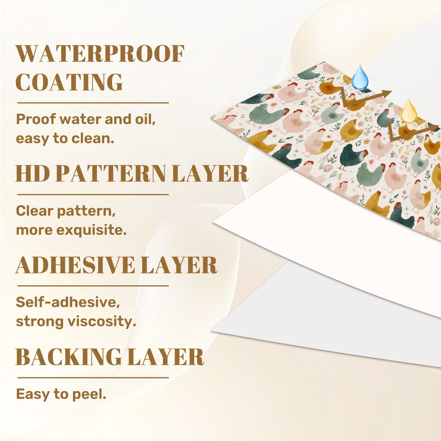 Chicken Peel and Stick Wallpaper Whimsical Hand Drawn Chicken Floral Accents Wall Mural 17.7in x 9.8ft Self Adhesive Removable Wall Paper Renter Friendly Wallpaper for Nursery Bedroom Cabinets