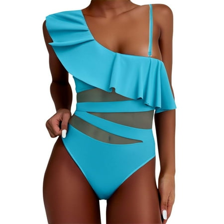 RUTAYY Swimwear Ruffle One Shoulder Mesh Hollow Out Sexy Swimsuit Bikini For Women Tropical Swim Wear
