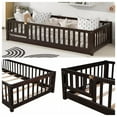 thumbnail image 4 of Twin Size Floor Bed, Solid Pine Wood Platform Bed Frame with Fence Guardrails & Door & Slats System, Multifunctional Floor Playpen Bed, Espresso, 4 of 8