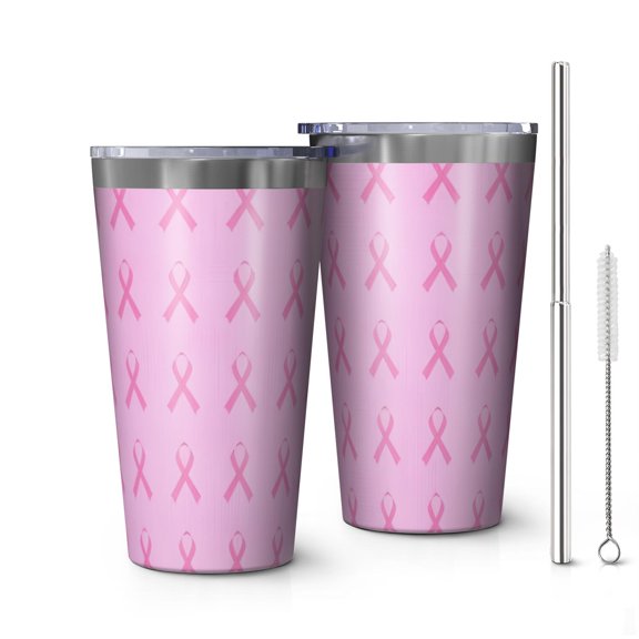 16oz Tumblers Pink Breast Cancer Stainless Steel Vacuum Insulated Double Wall Travel Tumbler Cups Mug with Lid and Straw,Cleaning Brush for Coffee,Tea
