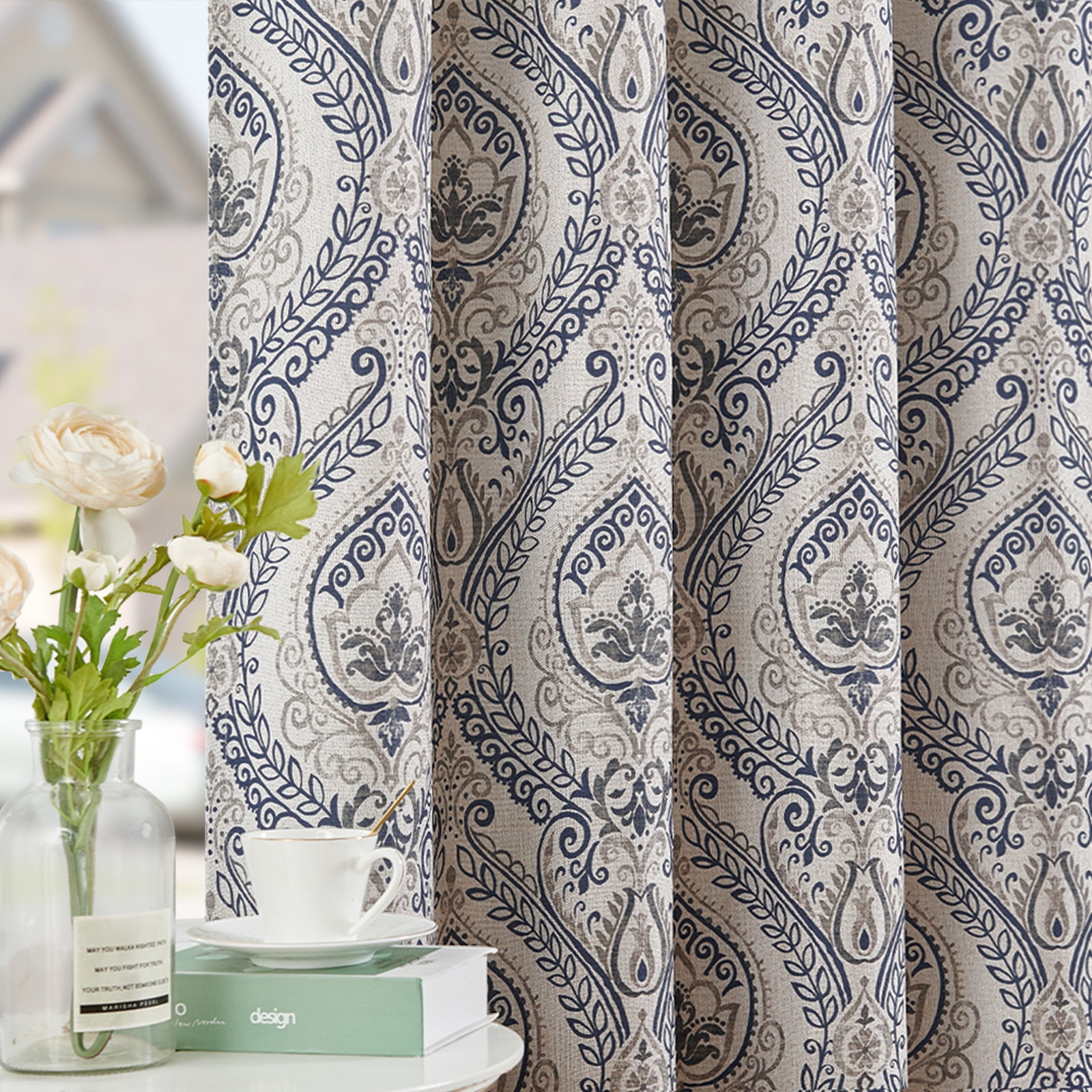 Curtainking Damask Printed Curtains for Bedroom Living Room Linen Textured Thermal Insulated Curtains Grommet 2 Panels 54 inch Length Blue on Greyish Beige