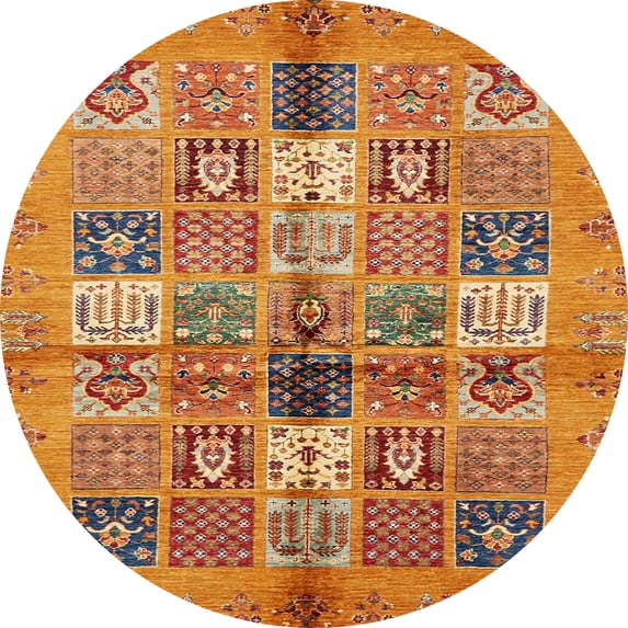 Ahgly Company Machine Washable Indoor Round Abstract Yellow Area Rugs, 4' Round