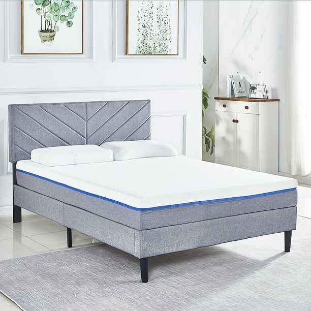 Dikapa Upholstered Bed With Square Tufted Headboard Linen Inspired Fabric Sy Wood Build No Box Spring Required Platform Queen Com Dikapa Upholstered Bed With Square, Blackstone Upholstered Square Stitched Platform Bed King Dimensions