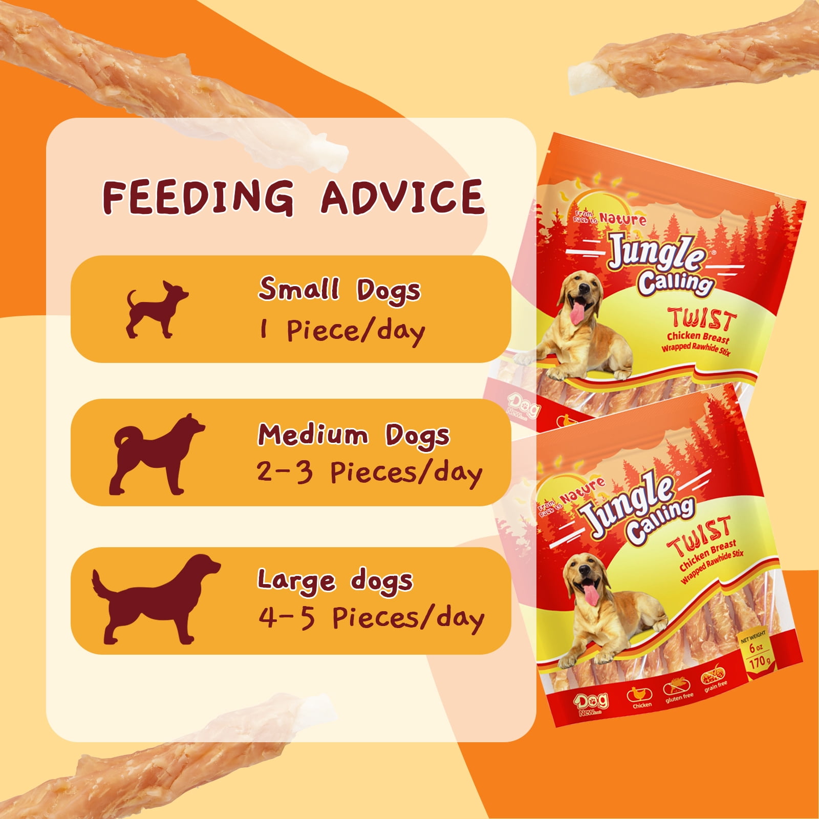 (5 pack) Jungle Calling Dog Treats, Chicken Wrapped Rawhide Sticks for Dogs, Delicious and Nutritious Training Reward Treats and Dog Chews Snacks, 6 oz