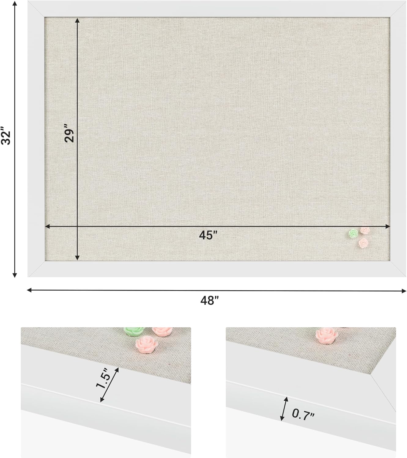 48" x 32" Bulletin Board with Linen Wooden Frame Cork Board with 20 Pushpins, Wall and Office Decor for School, Home & Office, White