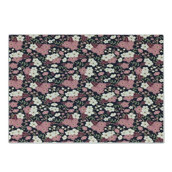 Japanese Cutting Board, Soft Spring Night Garden Pattern with Origins Rural Sakura Branches in Bloom, Decorative Tempered Glass Cutting and Serving Board, Small Size, Multicolor, by Ambesonne