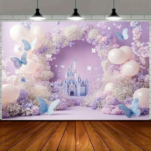 Purple Princess Castle Backdrop Pastel Purple Pink Floral Arch Baby Shower Photography Background Blue Butterfly Pink Balloon Birthday Wedding Party Decorations Banner Supplies Photo Booth Props