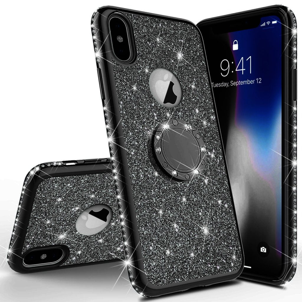 For Apple iPhone Xs, X Case, Slim Soft TPU Glitter Bling Diamond Rhinestone Cute Girl Women Cover with Ring KickStand - Black