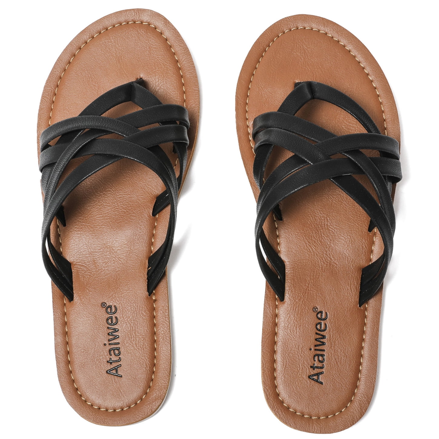 Ataiwee Women's Flat Slide Sandals - Comfortable Summer T- Strap Slip ...