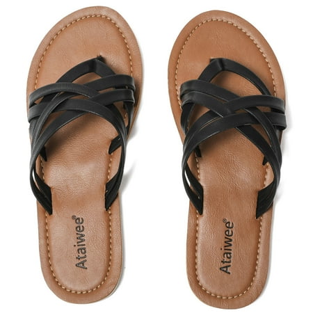 

Ataiwee Women s Flat Slide Sandals - Comfortable Summer T- Strap Slip on Thong Flip Flops.