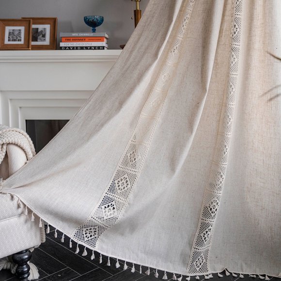 Semi Sheer Boho Curtains, Rustic Tassels Farmhouse Design for Easy Installation and Privacy Protection, Breathable Material (1 Piece)