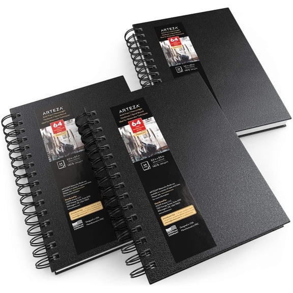 Arteza 5.5" x 8.5" Hardcover Watercolor Sketchbook, 64 Pages, Black, Set of 3