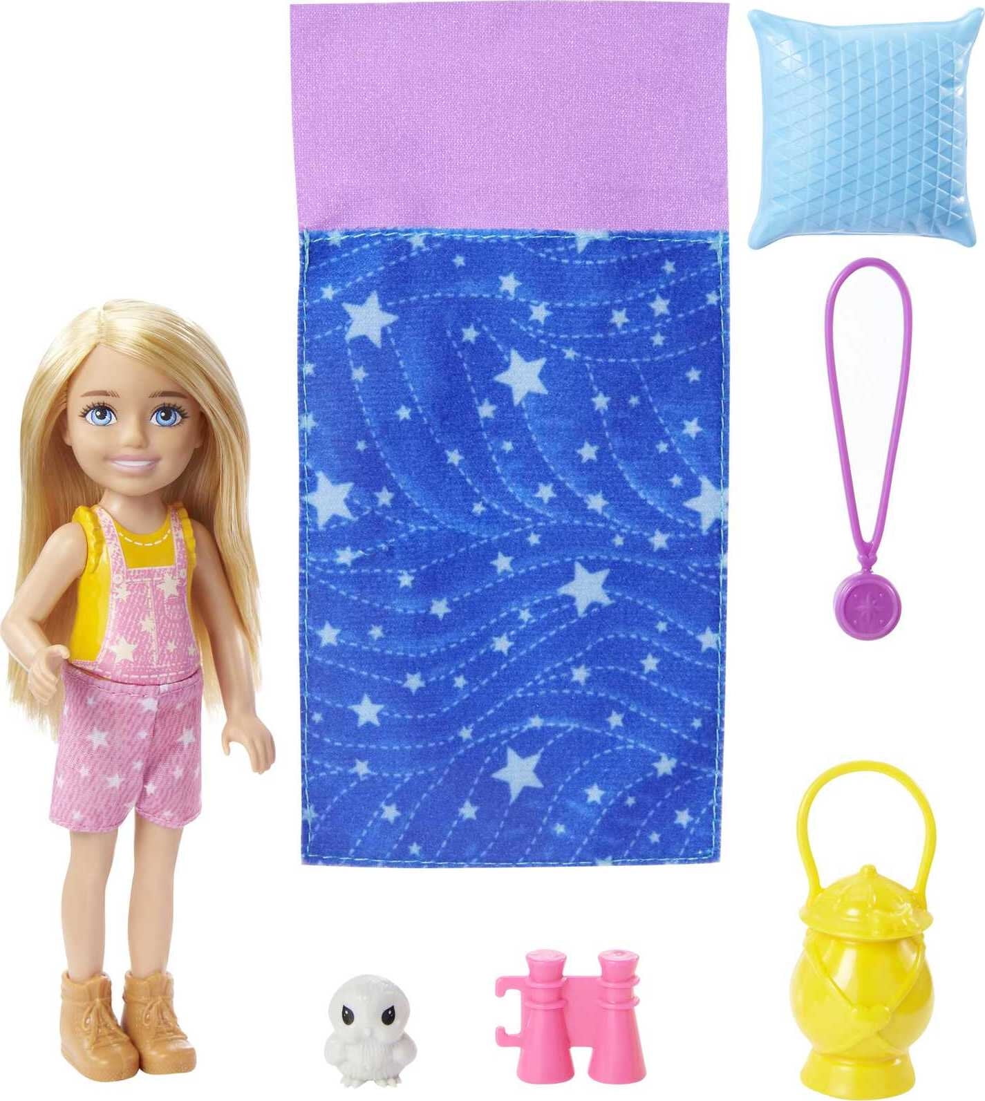 Barbie It Takes Two Chelsea Camping Doll with Pet Owl & Accessories, 3 to 7 Year Olds