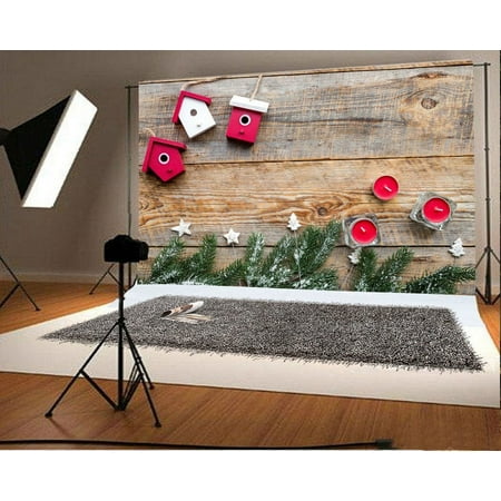 Image of Polyester Fabric Christmas Backdrop 7x5ft Photography Backdrop Candles Pine Twigs Stars Decoration Wood Plank Studio Photos Video Props Children Baby Kids Portraits