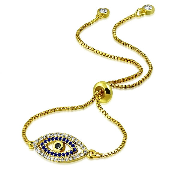 Stainless Steel Multi-Color CZ Evil Eye Protection Adjustable Chain Bracelet - Yellow Gold-Tone