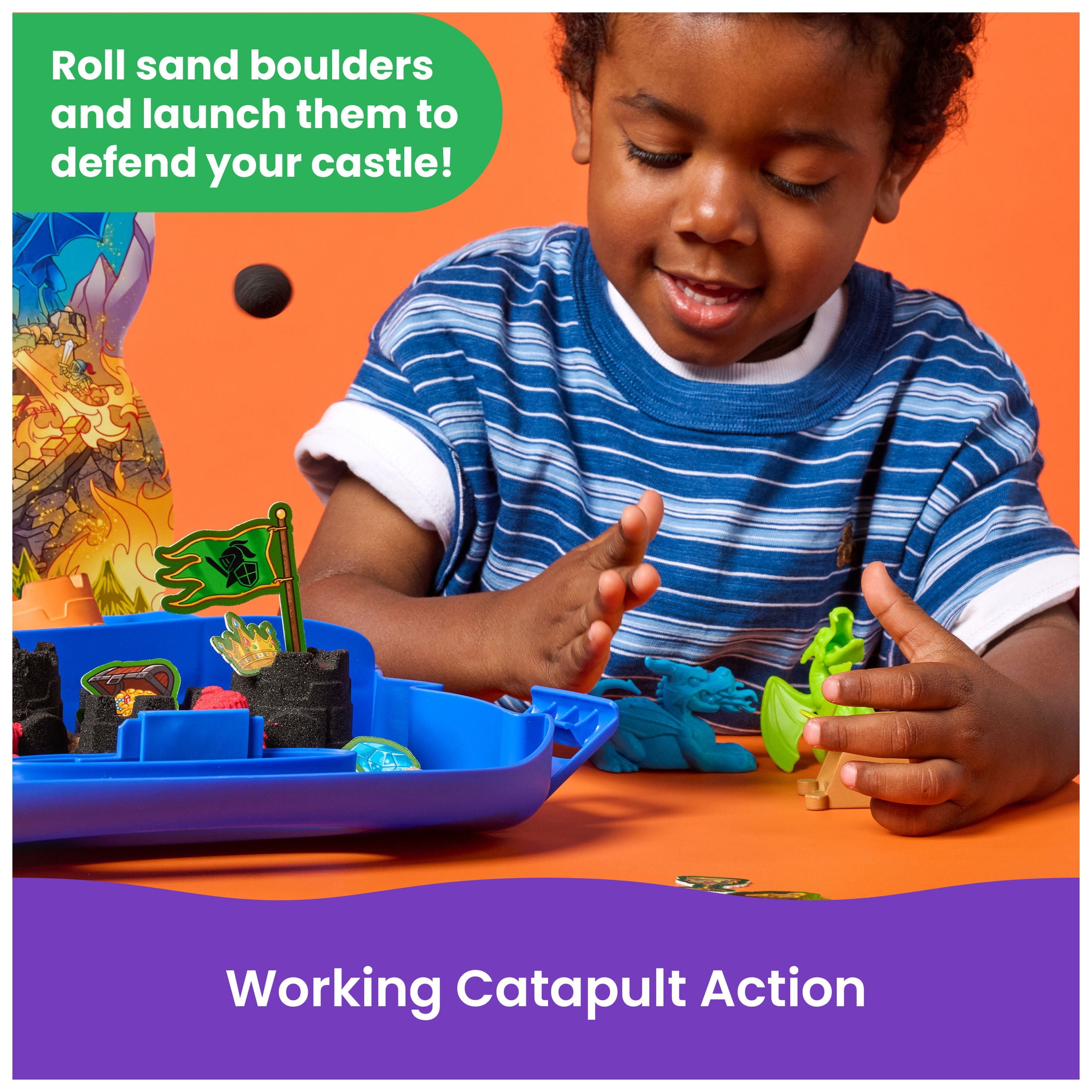 Kinetic Sand, Dragon Attack with 2 Dragons, Catapult & Molds for Kids Ages 3 and up