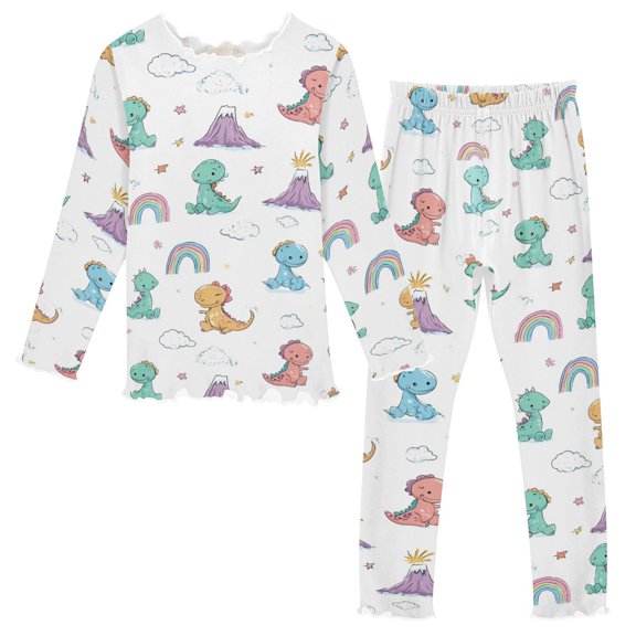 Cartoon Dinosaur Rainbow Cloud Long Sleeve Snug Fit Pajama Set 2 Piece Soft Warm Fleece Top and Pants Sleepwear PJs