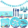 Serves 24 Shark Party Supplies & Decorations for Kids Under the Sea Birthday, Blue Ocean Paper Plates, Napkins, Cups, Cutlery, Banner, Tablecloth & Hats