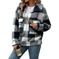 thumbnail image 2 of DDAPJ pyju Womens Plaid Fleece Jacket Zip Up Sherpa Jackets Turn-Down Collar Long Sleeve Coat Fall Winter Warm Outerwear with Pockets Gray L, 2 of 9