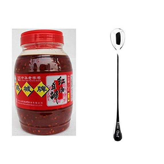 NineChef Bundle - Juan Cheng Sichuan Pixian Boad Bean Paste with Red Chili Oil (Large) 1200g (4 Pack) + 1 NineChef Brand Long Handle Spoon
