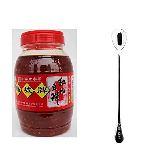NineChef Bundle - Juan Cheng Sichuan Pixian Boad Bean Paste with Red Chili Oil (Large) 1200g (24 Pack (one case)) + 1 NineChef Brand Long Handle Spoon