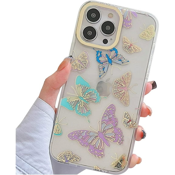 Compatible with iPhone 14 Pro Max Case for Women Girls, Glitter Golden Pink Blue Butterflies Pattern, Slim Hard Panel Clear Protective Phone Case Cover for iPhone 14ProMax (Purple Butterfly)