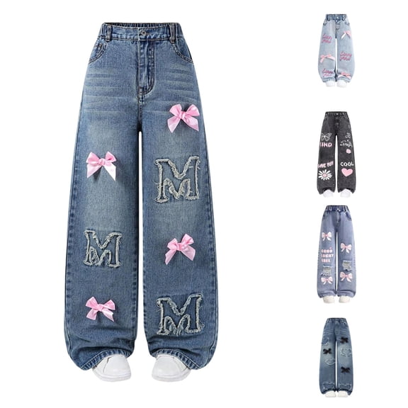 JAJAHO Girls Baggy Jeans Y2k Girls Elastic Waist Wide Leg Denim Pants For Teens Skater Streetwear 5-16Y