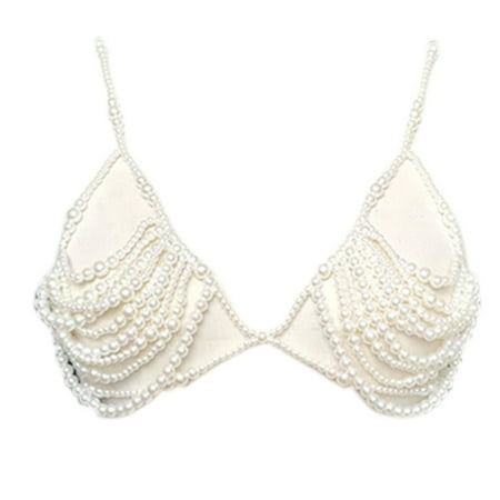 

Women Imitation Pearl Body Jewelry Bikini Bra Crystal Beaded Chest Chain Harness