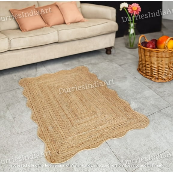 Natural Jute Rug- Wavy Edge Rug, Scalloped Jute Rug, Bohemian Rug, Jute Scalloped Rug, Jute Rug Rectangular, Scallop Jute Rug, Custom Rug