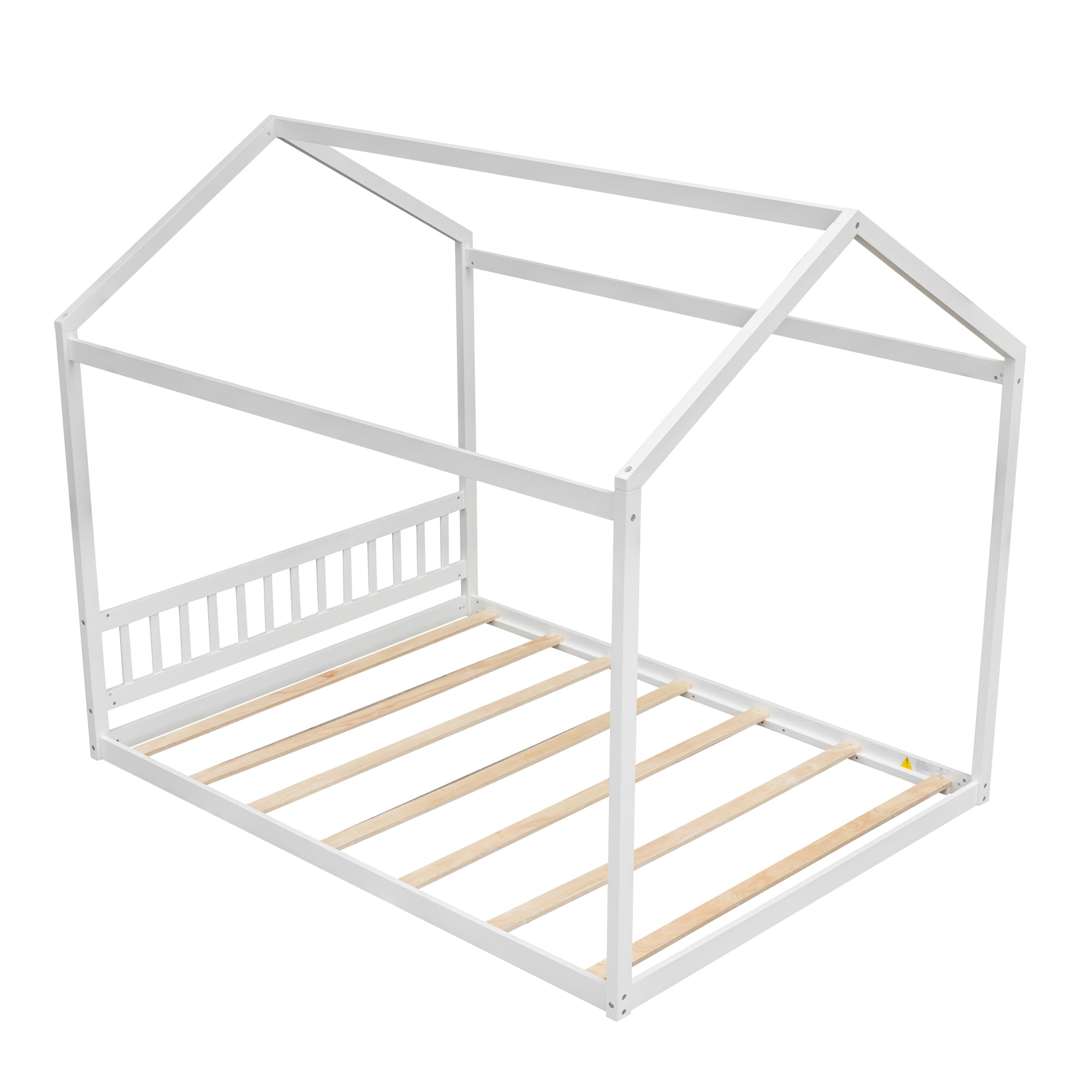 Harper & Bright Designs Queen Size Floor House Bed for Kids, Wood Montessori Bed with Headboard, Full House Bed with Roof for Girls & Boys, White