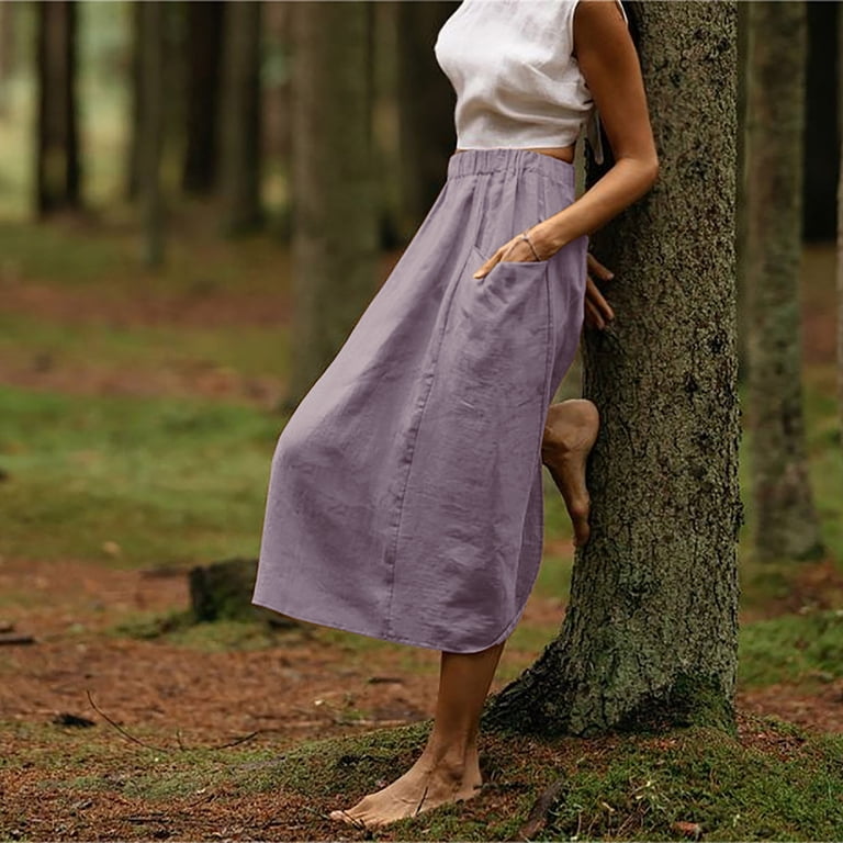 Mrat Light Skirt Women's Midi Skirts Solid Color Elastic Waist