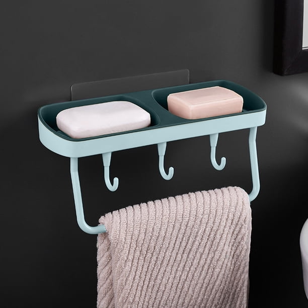 Wall Mount Soap Dish Holder with Towel Rack and Hooks for Bathroom Kitchen Dormitory Plastic Storage Organizer 1-Pack