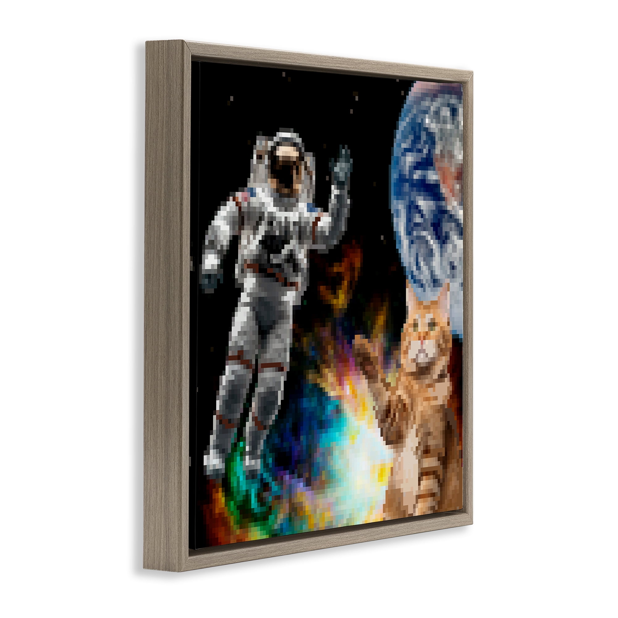 Stupell Industries Pixel Cat in Space Novelty & Humor Painting Brown Floater Framed Canvas Art Print Wall Art, 25 x 25