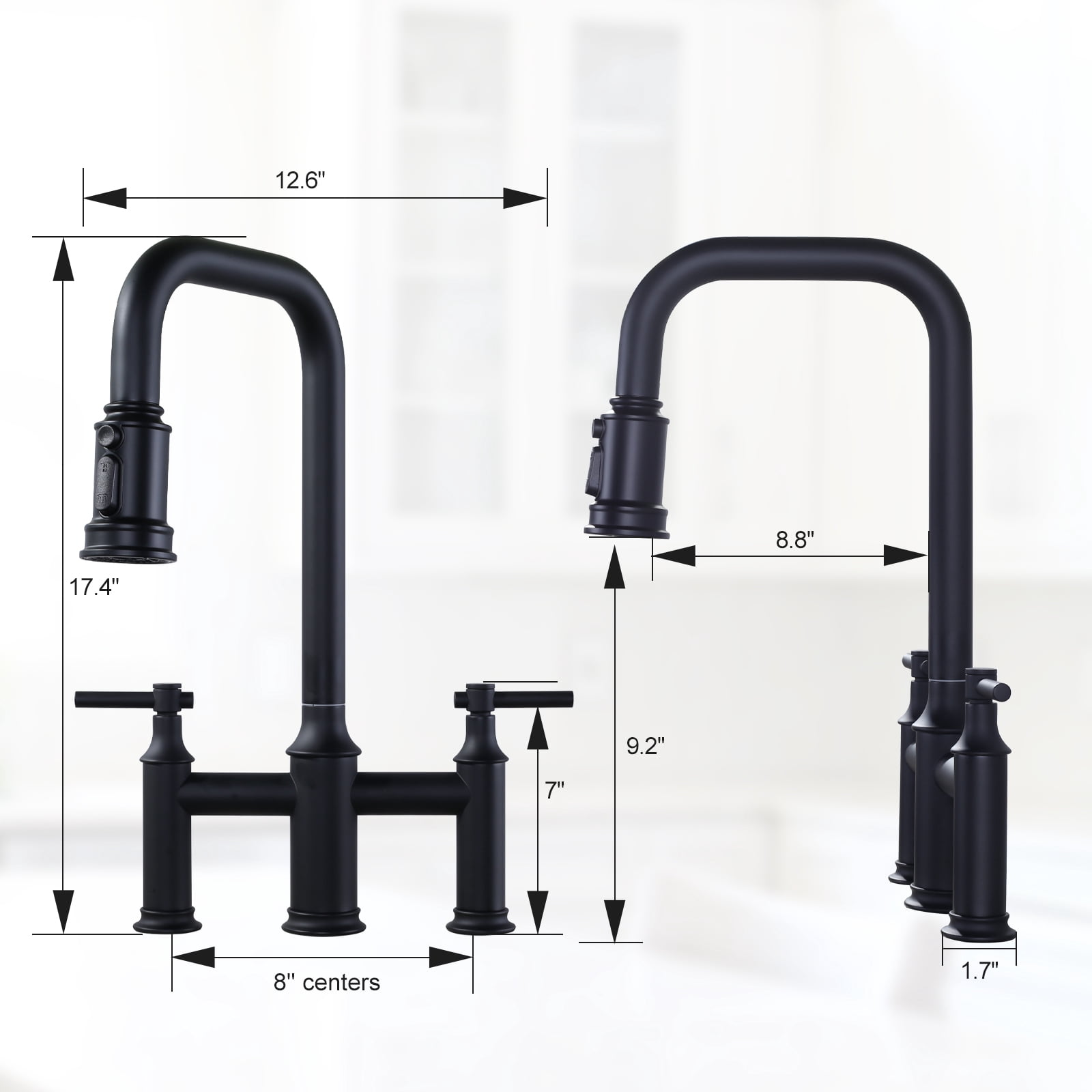 Double Handle Bridge Kitchen Faucet with Advanced Spray in Black